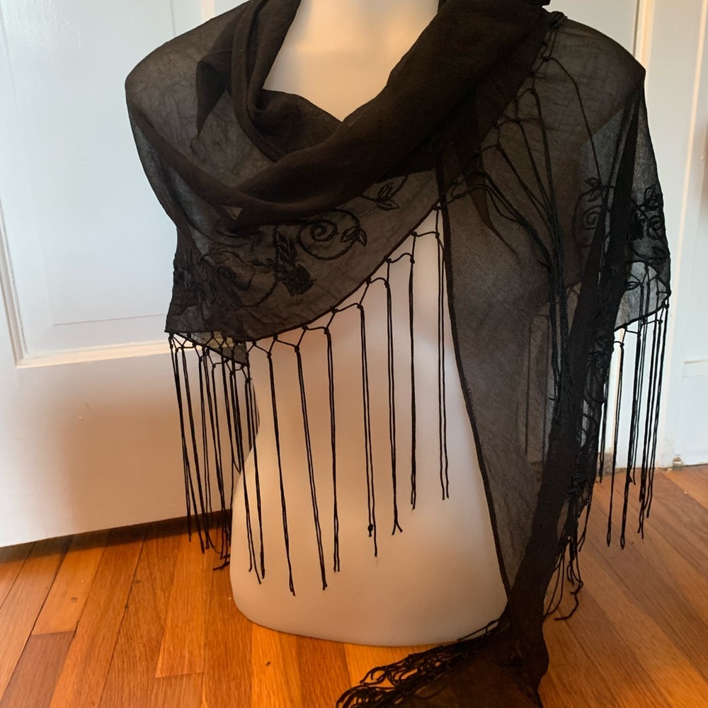 Sheer black embroidered shawl (gift, never worn)